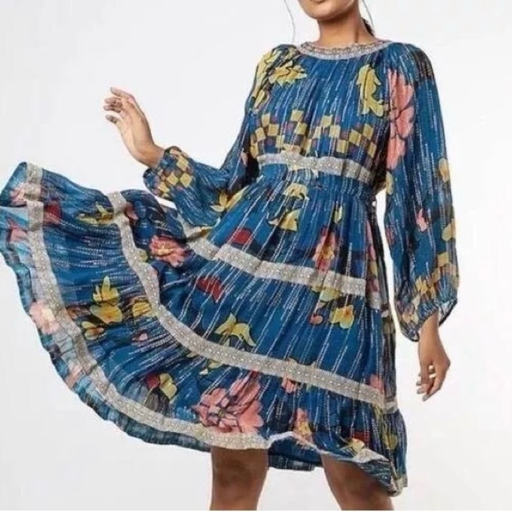 Anthropologie Verb by Pallavi Singhee Eulalia Metallic Blue Mini Dress SZ‎ 10